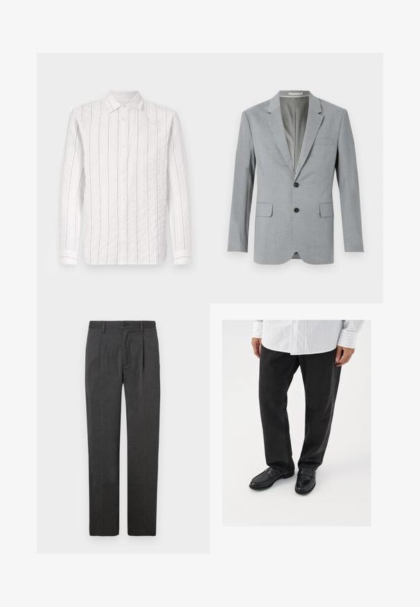 Grauer Blazer aus strukturiertem Stoff, einreihiges Design, mit Reverskragen, zwei vorderen Taschen und schwarzen Knöpfen. Gefüttertes Innenfutter.; Weißes Hemd mit Knöpfen aus strukturiertem Stoff, das dünne schwarze vertikale Streifen aufweist, einen klassischen Kragen hat und lange Ärmel mit geknöpften Manschetten besitzt.; Graue maßgeschneiderte Hose mit geradem Bein, ausgestattet mit einer Bügelfalte, Reißverschluss und Knopfverschluss. Glatte Textur, klassisches Design.; Schwarze Jeans kombiniert mit glänzenden schwarzen Slippern. Das Hemd ist weiß mit dünnen vertikalen Streifen, hat lange Ärmel und einen geknöpften Kragen.
