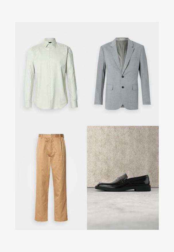 Blazer gris con tejido texturizado, diseño de un solo botón, solapas notch, dos bolsillos frontales y botones negros. Interior forrado.; Camisa de manga larga verde claro con cuello estructurado, textura lisa y tapeta frontal con botones blancos.; Pantalones caqui, mezcla de algodón, diseño de pierna recta, con pliegues delanteros, trabillas para cinturón y cierre de botón. Textura suave sin patrones.; Zapato loafer de cuero negro pulido flotando sobre una alfombra beige con muebles translúcidos naranjas de fondo.