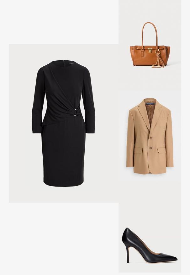 Vaaleanbeige blazer, joka on valmistettu sileästä kankaasta. Sen muotoilu on yksirivinen ja siinä on kaksi etutaskua sekä kaksi nappia. Viistot kaulukset ja siistit linjat.; Musta mekko, jossa on pyöreä pääntihe, kolmennes-osan hihavarten ja kierretty muotoilu vyötäröllä, jossa on koristeellinen rengas lisäys.; Musta nahkainen korokepumppu, jossa on teräväkärkinen muotoilu ja hoikka stiletto-korko. Sileä pinta ja vähäinen yksityiskohtaisuus luovat klassisen muotoilun.; Ruskea nahkakäsilaukku, jossa on sileä pinta, suorakaiteen muoto, kaksinkertaiset kahvat, kultaiset yksityiskohdat sekä koristeellinen ketju ja riipus.