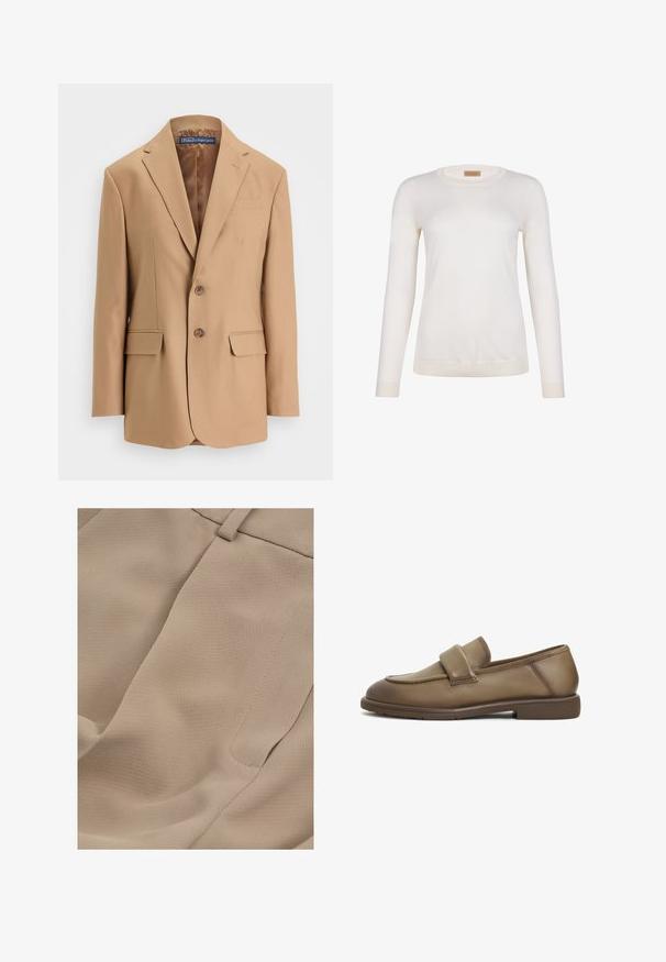Tan blazer lavet af glat stof, med et enkeltknapsdesign, to frontlommer og to knapper. Notched revers og rene linjer.; Hvid langærmet sweater lavet af let, glat stof. Den har en rund hals og ribbede manchetter, samt en let afslappet pasform.; Close-up af beige stofbukser, der viser linning, bæltestrop og en sidelomme med synlige syningsdetaljer.; Brune læder loafers med en blød tekstur, der har et bredt strop over vristen og en lav, flad gummisål. Rent, understated design.