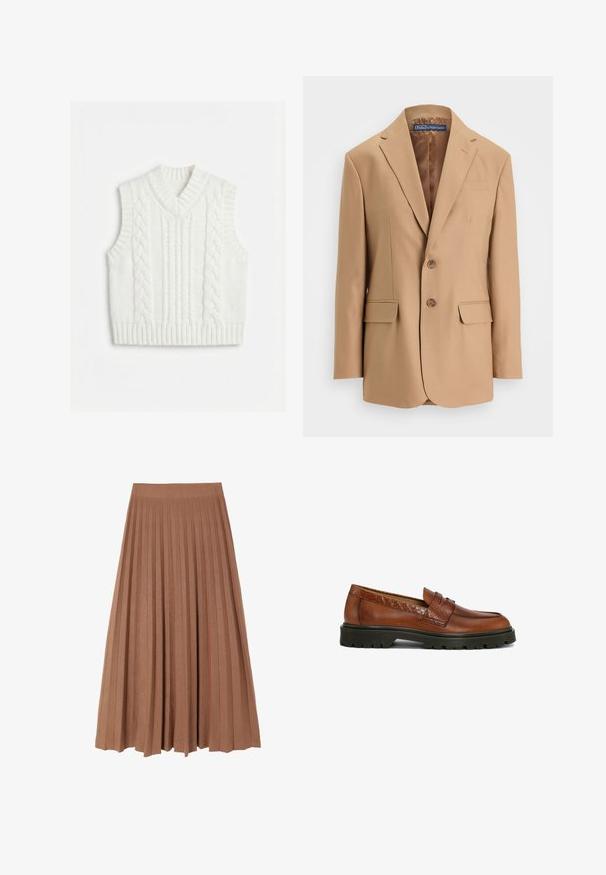Blazer beige en tissu lisse, avec un design à simple boutonnage, deux poches frontales et deux boutons. Rabats découpés et lignes épurées.; Veste sans manches blanche en tricot avec motif torsadé et encolure en V, emmanchures et ourlet côtelés.; Jupe midi plissée marron avec une texture lisse et une large ceinture, présentant des plis verticaux réguliers sur toute sa longueur, créant une silhouette fluide.; Mocassins en cuir marron avec un accent texturé ; bout rond et détails cousus ; semelle extérieure en caoutchouc noir robuste pour une bonne adhérence.