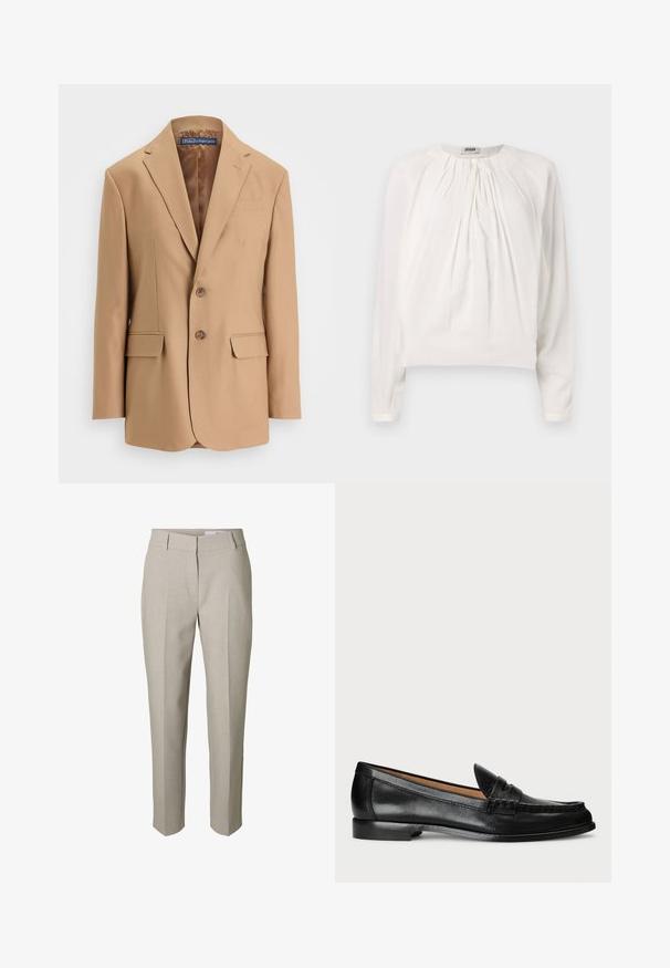 Blazer color beige hecho de una tela suave, con un diseño de un solo botón, dos bolsillos frontales y dos botones. Solapas con muesca y líneas limpias.; Blusa blanca de manga larga con cuello redondo y delantero plisado. Tela suave y lisa con un corte holgado y detalle de botones en el cuello.; Pantalones beige hechos a medida con trabillas para el cinturón, cierre delantero con cremallera y pliegues prensados en las piernas, mostrados sobre un fondo blanco.; Lauren Ralph Lauren WYNNIE - Zapatos sin cordones - black