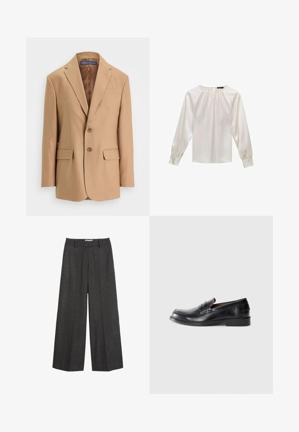 Blazer beige en tissu lisse, avec un design à simple boutonnage, deux poches frontales et deux boutons. Rabats découpés et lignes épurées.; Blouse en satin blanc à manches longues, encolure ronde et détail froncé. Présente des manches légèrement bouffantes et une texture lisse.; Pantalons à larges jambes en tissu gris foncé. Présentent une taille cintrée avec passants de ceinture, une texture lisse et des accents de couture minimalistes.; Mocassins en cuir noir avec un bout arrondi, des détails cousus et un petit talon carré. Texture lisse avec un subtil éclat.