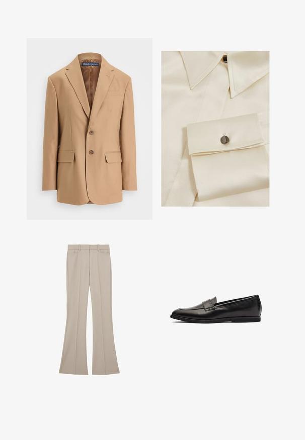 Tan blazer van gladde stof, met een eenknopsdesign, twee voorzakken en twee knopen. Met gegoten revers en strakke lijnen.; Crème satijnen overhemd met een puntige kraag, knoopsluiting en een manchett met een zwarte knoopaccent. Soepele textuur en gestructureerd ontwerp.; Beige broek met rechte pijpen, voorplooien, riemlussen en zijzakken, plat uitgestald op een witte achtergrond.; Zwarte leren instapper met een gladde afwerking, ronde neus en dubbele stiksels op de bovenkant. Platte rubberen zool voor comfort.