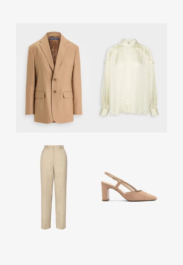 Tan blazer van gladde stof, met een eenknopsdesign, twee voorzakken en twee knopen. Met gegoten revers en strakke lijnen.; DAY Birger et Mikkelsen COURTNEY MODERN DRAPE - Overhemdblouse - cloud cream; Beige op maat gemaakte broeken van een gladde, gestructureerde stof, hoge taille en twee voorknopjes. Heeft een recht gesneden pijp en minimale stiksels.; Beige leren slingback hakken met een spitse neus, blokhak en riem met een kleine gouden gesp. Gladde textuur, minimalistisch ontwerp.