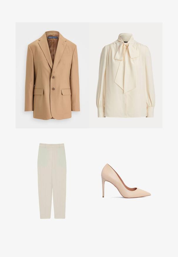 Tan blazer lavet af glat stof, med et enkeltknapsdesign, to frontlommer og to knapper. Notched revers og rene linjer.; Langærmet bluse i cremefarve med høj krave og stor bundet sløjfe ved halsen, med rynkede skuldre og knapmanchetter.; Beige lige benbukser med en glat tekstur, der har høj talje, frontfoldsdetaljer og rene linjer for en skræddersyet pasform.; Beige læder højhælede pumps med spids tå og en glat tekstur. Har en slank stilettohæl og et lavt skårede design.