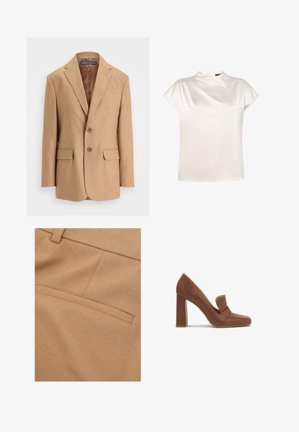 Tan blazer lavet af glat stof, med et enkeltknapsdesign, to frontlommer og to knapper. Notched revers og rene linjer.; zero Bluse - eggnog; Beige stof i nærbillede med en tekstureret overflade, med en enkelt baglomme og rene syningsdetaljer.; Brun læder højhælet sko med firkantet tå og en bred rem på tværs foran. Hælen er blokformet og solid.