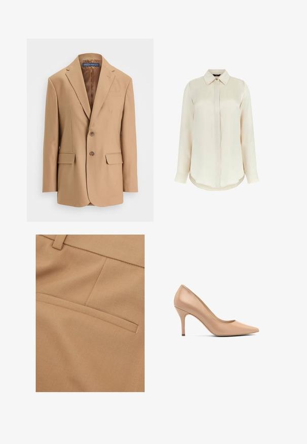 Tan blazer van gladde stof, met een eenknopsdesign, twee voorzakken en twee knopen. Met gegoten revers en strakke lijnen.; MARCIANO BY GUESS Overhemdblouse - creme; Close-up van beige stof met een horizontale bieszak en gestikte naaddetail op maat gemaakte kleding.; Beige hoge hakken met een spitse neus, van soepel leer en met een slanke hak. Eenvoudig ontwerp zonder zichtbare patronen of accenten.