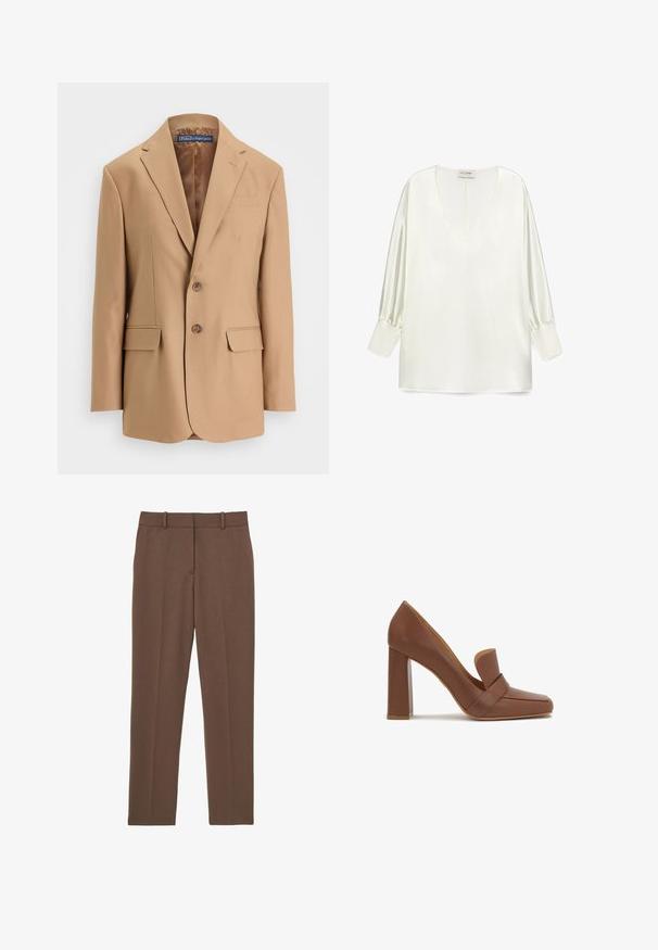 Tan blazer lavet af glat stof, med et enkeltknapsdesign, to frontlommer og to knapper. Notched revers og rene linjer.; Hvid satinbluse med en dyb V-hals, lange pufærmer og en lige kant. Stoffet har en glat, blank overflade.; Brune skræddersyede bukser med lige ben, bæltestropper og en pressefolder ned langs midten af hvert ben, vist fladt på en hvid baggrund.; Brun læder højhælet sko med firkantet tå og en bred rem på tværs foran. Hælen er blokformet og solid.