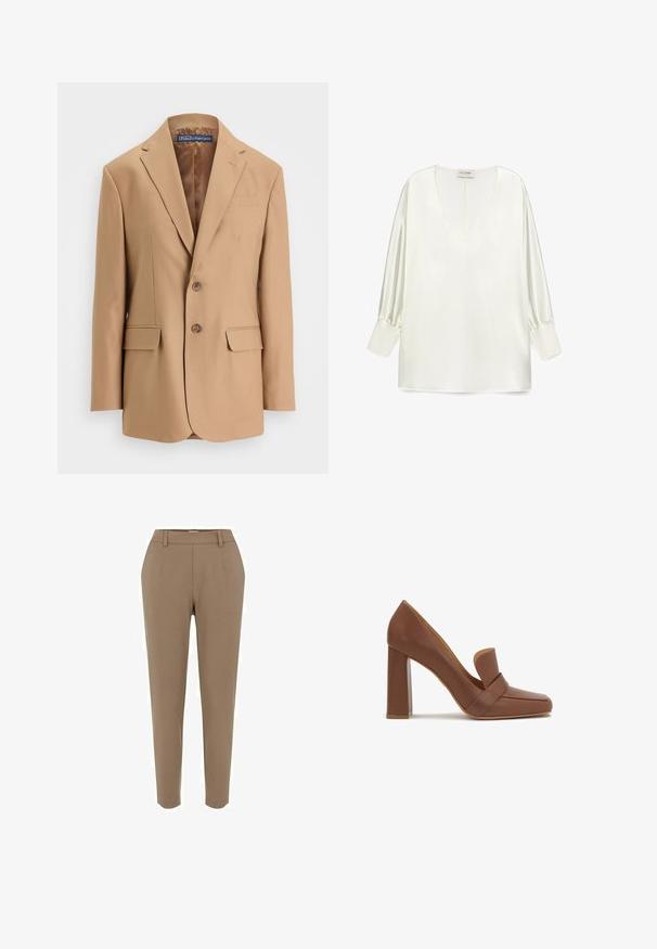 Beige Blazer aus glattem Stoff, mit einem einreihigen Design, zwei vorderen Taschen und zwei Knöpfen. Mit Reverskragen und klaren Linien.; Weiße Satinbluse mit einem tiefen V-Ausschnitt, langen Puffärmeln und geradem Saum. Der Stoff hat eine glatte, glänzende Textur.; Braune maßgeschneiderte Hose mit geradem Bein, glatter Textur, Vorderentaschen und einem Bund mit Gürtelschlaufen.; Braunes Lederhochzeitschuh mit quadratischer Spitze und einem breiten Riemen auf der Vorderseite. Der Absatz ist blockförmig und stabil.