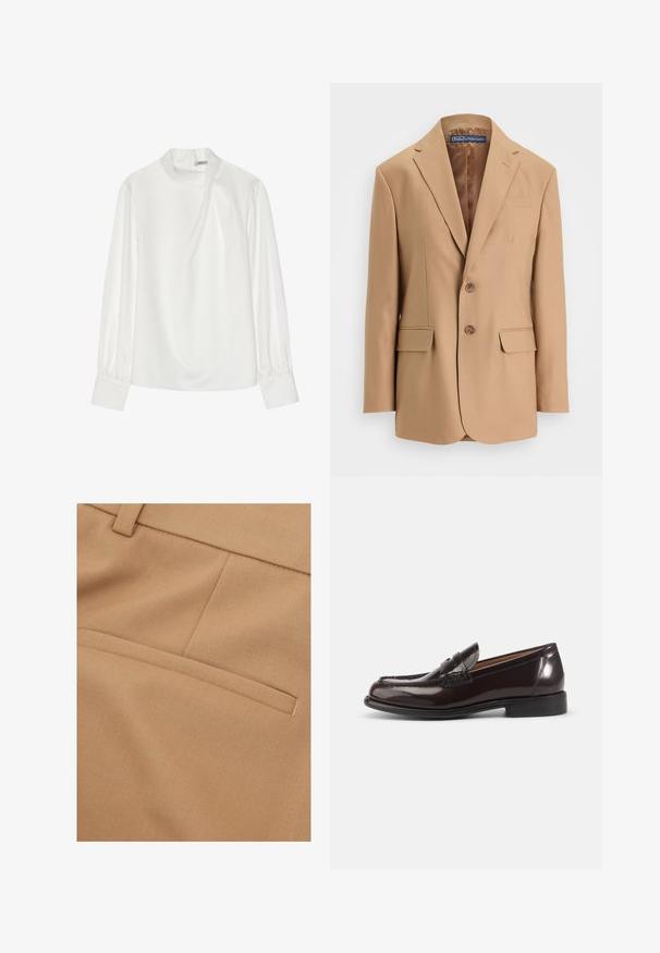 Tan blazer van gladde stof, met een eenknopsdesign, twee voorzakken en twee knopen. Met gegoten revers en strakke lijnen.; Witte blouse met een hoge halslijn, lange pofmouwen en een ritssluiting aan de achterkant. Glad stof met een lichte glans en subtiele val.; Close-up van beige stof met een horizontale bieszak en gestikte naaddetail op maat gemaakte kleding.; Donkerbruine gepolijste leren heren penny loafer met lage hak en gestikte details op witte achtergrond.
