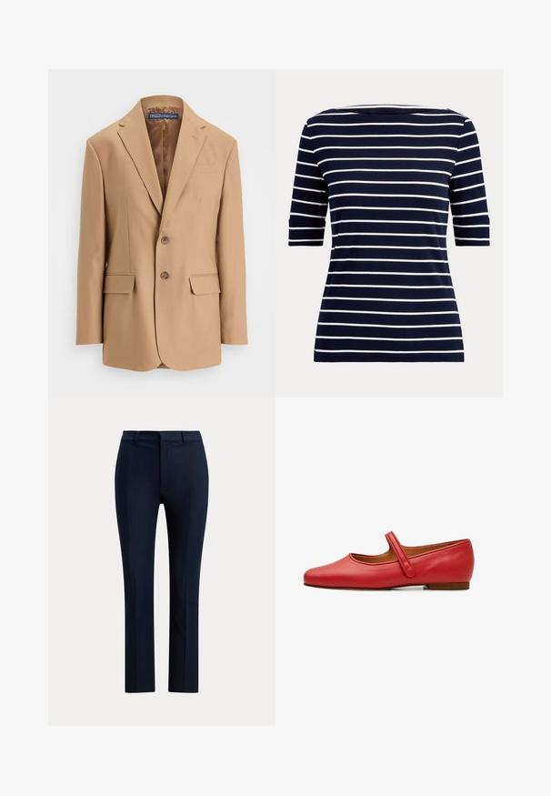 Tan blazer lavet af glat stof, med et enkeltknapsdesign, to frontlommer og to knapper. Notched revers og rene linjer.; Marineblå skjorte med hvide vandrette striber og albuelange ærmer, vist på en ensfarvet lys baggrund.; Mørk marineblå skræddersyede bukser med lige ben, bæltestropper og frontlynlås på hvid baggrund.; Røde læder Mary Jane flade sko med en rund tå, flad hæl og en enkelt velcro-rem over vristen. Glat tekstur, minimalistisk design.