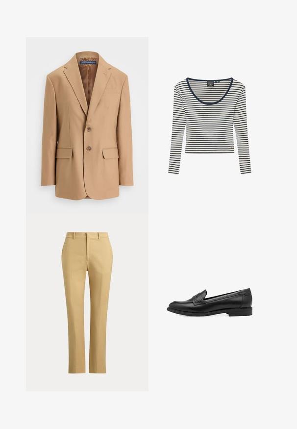 Tan blazer lavet af glat stof, med et enkeltknapsdesign, to frontlommer og to knapper. Notched revers og rene linjer.; Hvid langærmet skjorte med smalle marineblå vandrette striber og marineblå kant rundt om rund halsudskæring, med lille guldlogo nær kanten.; Beige bukser med lige ben, bæltestropper, forreste presning og en ensfarvet talje mod en ensfarvet baggrund.; Sorte læder loafers med en glat overflade, udstyret med en vævet detalje over forgængeren og en lav, rund hæl. Enkel design og form.