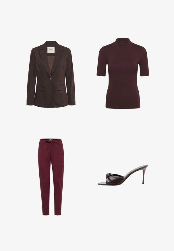 Blazer marron foncé à un bouton, avec revers crantés, poches à rabats et une étiquette de la marque Cream à l'intérieur du col.; Haut ajusté bordeaux foncé à manches courtes avec col montant, design uni et tissu lisse.; Pantalon bordeaux en tissu doux et extensible, avec une taille élastique à cordon de serrage, des plis à l'avant et des jambes fuselées. Texture lisse sur l'ensemble.; Mule en cuir marron foncé à talon haut avec un bout ouvert et un détail de nœud sur la bride avant.