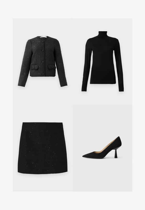 Veste noire texturée à manches longues avec col rond, boutons sur le devant et deux poches à rabat boutonnées.; Pull à col roulé noir en matériau doux et léger. Il a des manches longues et une coupe ajustée avec un col haut.; Mini-jupe noire texturée avec de subtiles paillettes brillantes, coupe droite, sans embellissements ni motifs visibles.; Pompe à talons hauts en suède noir avec un bout pointu, dotée d'un talon bloc noir brillant et d'une doublure intérieure lisse.