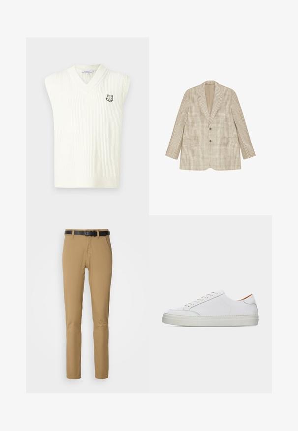 Blazer beige à carreaux avec deux boutons, revers crantés et poches à rabat, présenté à plat sur fond blanc.; Gilet sans manches en tricot côtelé blanc en V avec une petite tête de loup brodée sur la poitrine gauche et une étiquette Maison Kitsuné à l'intérieur du col.; Pantalons khaki à coupe slim, fabriqués en tissu lisse. Présentent une ceinture noire, deux poches avant et une coupe droite.; Baskets basses blanches en cuir avec fermeture à lacets à l'avant, semelle épaisse et détails de couture minimalistes sur un fond clair uni.