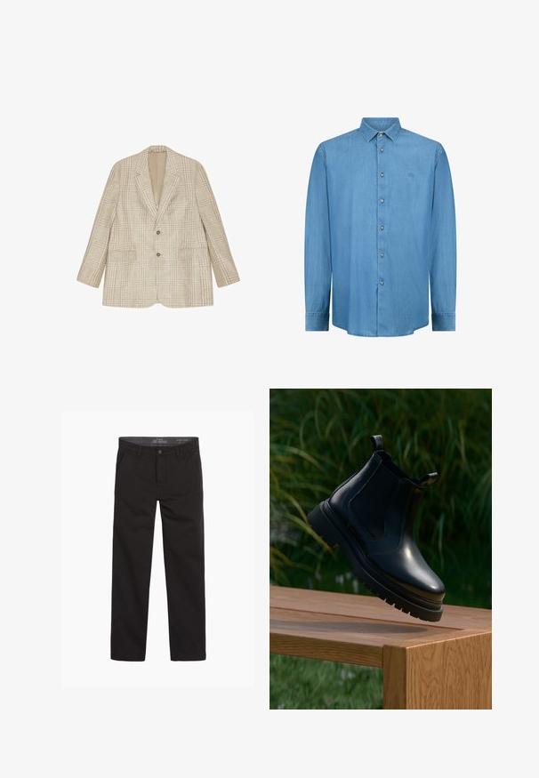 Beige ruudullinen, kahden napin bleiseri, jossa notched-lapelit ja läppätaskut, esitetty tasaisena valkoisella taustalla.; Miesten vaaleansininen pitkähihainen farkkupaita, jossa on napillinen etuosa, kaulus, kalvosimet ja pieni kirjailtu logo rinnassa.; Mustat puuvillahousut, joissa on sileä pinta, suora lahjetyyli, vetoketjukiinnitys ja kaksi etutaskua; minimalistinen ja monipuolinen tyyli.; Mustat nahkasaappaat, joissa on pyöreä kärki, paksu kumipohja ja sivun elastiset paneelit, aseteltuna puupinnalle vihreän taustan kanssa.