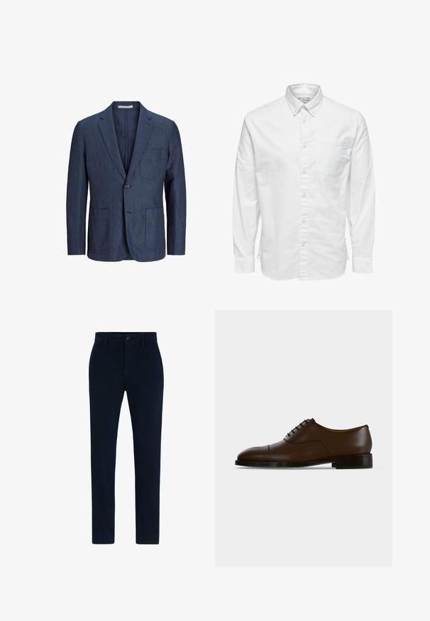 Blazer en lin bleu marine avec un bouton unique, deux poches avant, revers crantés et coupe ajustée. Texture lisse, intérieur non doublé.; Chemise blanche à manches longues avec boutons, col et poche poitrine, étiquetée « Selected Homme » à l'intérieur du col.; Chinos bleu marine en tissu doux et résistant. Comprend une fermeture à bouton, des passants de ceinture et un design à jambe droite. Pas de motifs visibles.; Chaussure habillée en cuir marron foncé avec bout rapporté, laçage fermé et talon bas noir, vue de profil sur un fond uni.