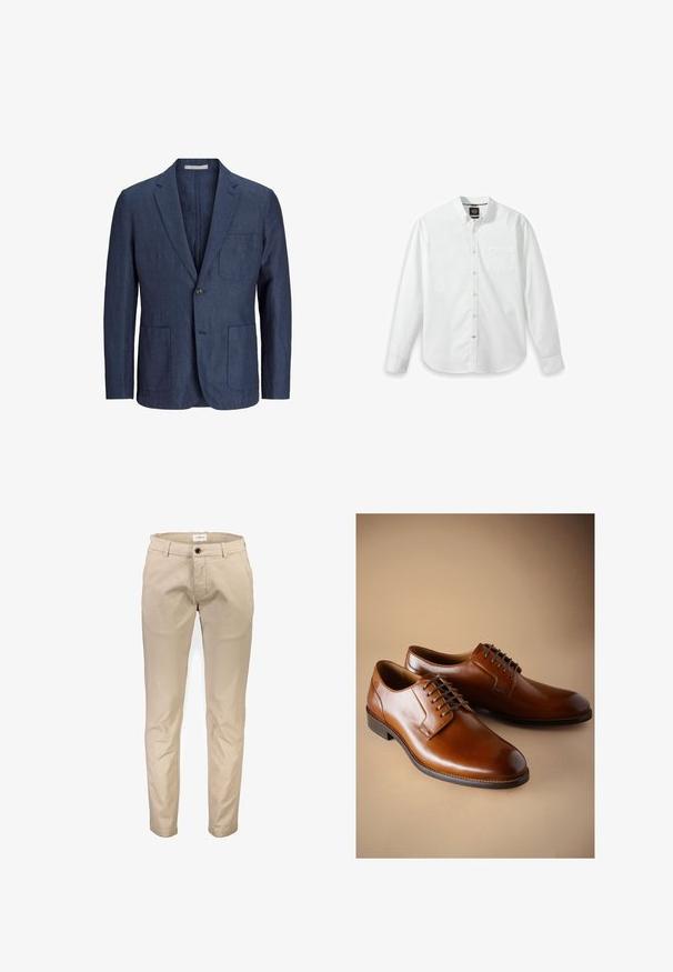 Blazer de lino azul marino con cierre de un solo botón, dos bolsillos frontales, solapas con muesca y un ajuste entallado. Textura suave, interior sin forrar.; Camisa blanca de manga larga con botones, hecha de algodón, con cuello clásico, un solo bolsillo en el pecho y una textura sutil en la tela. Dobladillo redondeado.; Pantalones de algodón beige con diseño de pierna recta, que cuentan con bolsillos delanteros, cierre de cremallera y un solo botón. Textura lisa, sin estampados.; Zapatos de vestir para hombre de cuero marrón pulido con suelas negras y cordones marrón oscuro sobre un fondo beige.