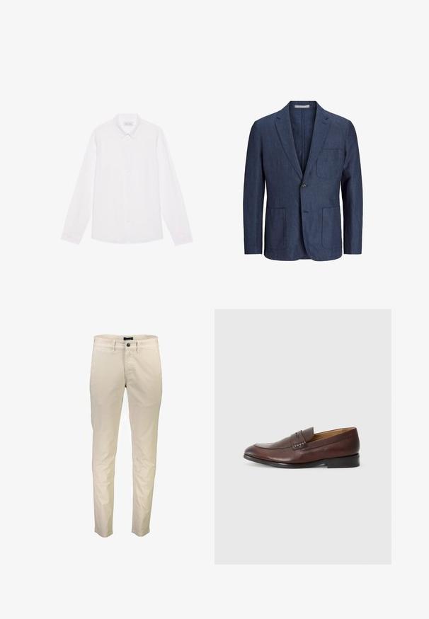 Blazer en lin bleu marine avec un bouton unique, deux poches avant, revers crantés et coupe ajustée. Texture lisse, intérieur non doublé.; Chemise blanche à manches longues, en coton. Présente un col classique, des boutons sur le devant et une texture lisse sans motifs visibles.; Pantalons en coton beige avec une coupe droite, dotés d'une fermeture à boutons, de cinq poches et d'une texture lisse. Aucun motif ni accent visible.; JOOP! KLEITOS - Chaussons - brown