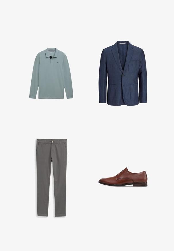 Marineblauwe linnen blazer met een enkele knoopsluiting, twee voorzakken, enigszins geknipte revers en een getailleerde pasvorm. Soepele textuur, niet gevoerd interieur.; Lange mouwen polo shirt in lichtblauw met een contrasterende marinekleurige kraag. Katoenen materiaal, met een klein logo op de linkerborst. Klassieke pasvorm.; Grijze katoenen broek met een strakke pasvorm, een platte voorkant, twee steekzakken en een enkele knoopsluiting in de taille. Soepele textuur.; Bruine leren herenschoen met veters, lage hak en een glad oppervlak, zijaanzicht tegen een witte achtergrond.