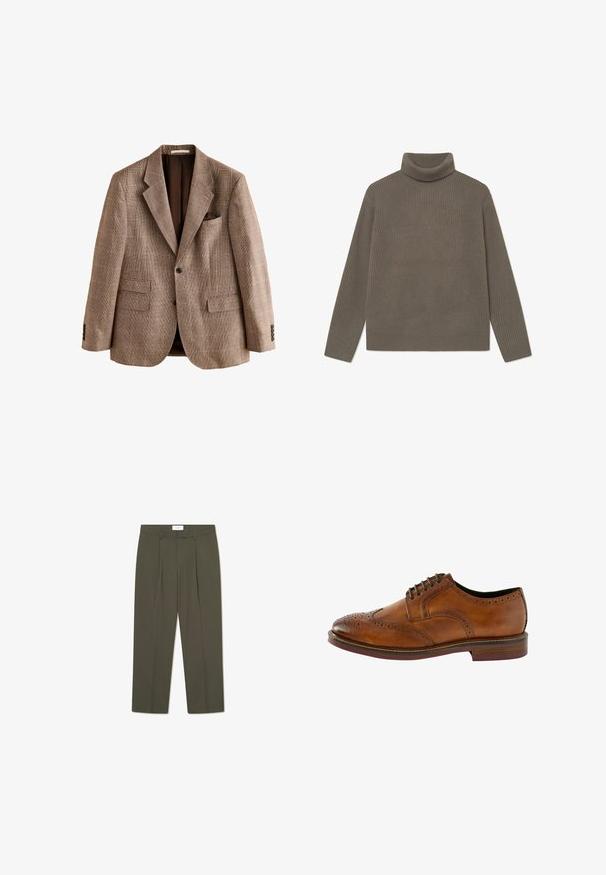 Blazer marrón de cuadros de un solo pecho con solapas con muesca, dos bolsillos delanteros con solapa, bolsillo de ojal en el pecho y tres botones en cada puño.; Suéter de cuello alto acanalado en un verde olivo atenuado, con mangas largas y un diseño ajustado. Fabricado con un material de punto suave y texturizado.; Pantalones verde oliva con rayas verticales, que cuentan con una cintura entallada, pliegues y un diseño de pierna recta. Textura suave.; Zapato de cuero marrón con cordones y detalles de brogue, punta redonda y suela contrastante. Presenta acentos cosidos y una superficie texturizada.