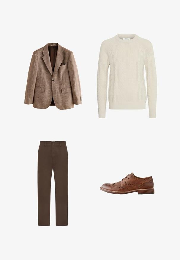 Veste marron à carreaux à simple boutonnage avec revers crantés, deux poches avant à rabat, une poche poitrine passepoilée et trois boutons sur chaque poignet.; Pull en laine crème tricoté avec des textures en câble et en losanges, col et poignets côtelés, avec des manches longues et une coupe décontractée.; Chinos droits pour hommes en marron foncé avec passants de ceinture, poches latérales, fermeture à bouton et braguette à fermeture éclair.; Chaussure Oxford homme en cuir marron style wingtip avec détails brogue et talon en bois superposé, vue de profil sur fond blanc.