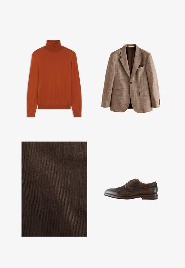 Veste marron à carreaux à simple boutonnage avec revers crantés, deux poches avant à rabat, une poche poitrine passepoilée et trois boutons sur chaque poignet.; Pull à col roulé couleur rouille en tissu doux. Design ajusté avec des manches longues et un col et un ourlet côtelés. Texture lisse dans l'ensemble.; Tissu en velours côtelé marron présentant des côtes verticales, une texture douce et une couleur profonde et riche, adapté pour le rembourrage ou les vêtements.; Chaussure brogue à bout wingtip en cuir marron foncé avec perforations décoratives, fermeture à lacets et semelle en bois avec talon superposé.