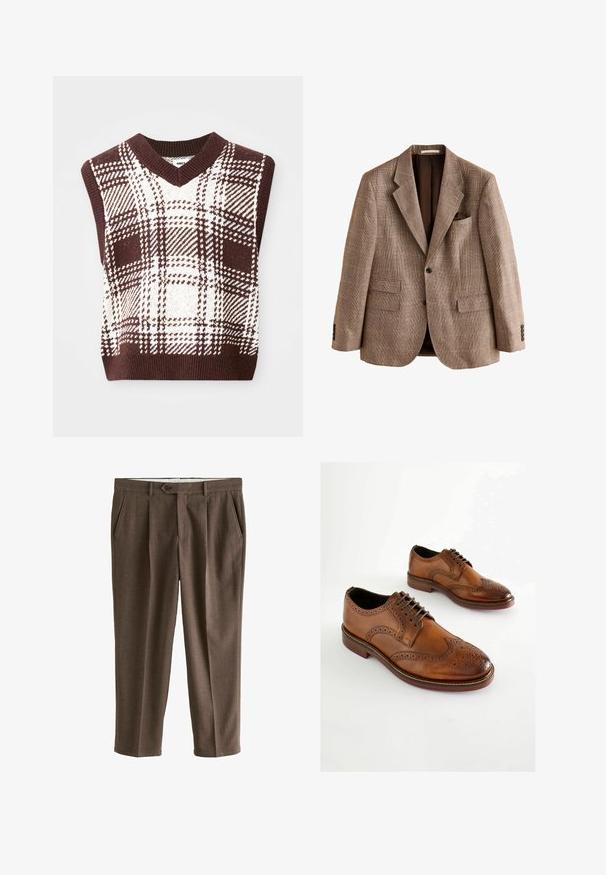 Einreihiger brauner karierten Blazer mit Notch-Revers, zwei vorderen Klapptaschen, einer Brustleistentasche und drei Knöpfen an jedem Ärmelbund.; Braun-beige karierter, gestrickter ärmelloser Pullover mit V-Ausschnitt und geripptem Saum, der verschiedene Schottenmuster und Texturen aufweist.; Braune, strukturierte, maßgeschneiderte Hose mit Knopfverschluss, vorderen Falten und seitlichen Taschen, flach auf weißem Hintergrund dargestellt.; Braune Leder-Oxford-Schuhe mit perforierten Details, Schnürverschluss und runder Zehenform. Glatte Textur und kontrastierende Sohle.