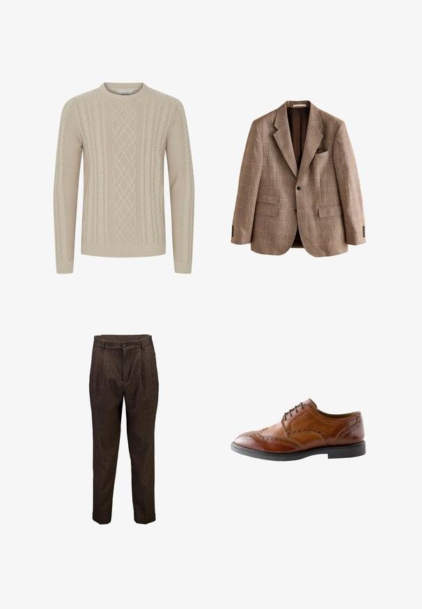 Enkeltknappet brun ternet blazer med hakrevers, to frontlommer med klap, brystlomme med kant og tre knapper på hvert ærme.; Beige strikket sweater med et tekstureret kabelmønster og ribbede manchetter og kant. Klassisk rund halsudskæring med lange ærmer.; Brune herreuld bukser med forreste plisseringer, knaplukning og bæltestropper, vist mod en hvid baggrund.; Brun læder herre brogue sko med wingtip-detaljer, sorte snørebånd og sort sål, vist i sideprofil på hvid baggrund.