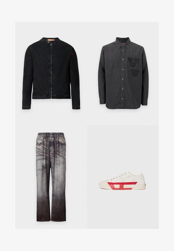 Sort denimjakke med rund krave, lynlås foran og et lille rødt logo på venstre ærme. Har en glat tekstur og tætsiddende design.; Sort denimskjorte med knaplukning foran, lange ærmer, krave og tre broderede mærker på venstre bryst. Struktureret stof.; Denimbukser med en falmet blå til grå gradient, elastisk talje og forlommer. Har en struktureret overflade med subtil syning.; Lærreds sneakers med en hvid overdel, røde gummidetaljer og et tekstureret design. Har en rund tå og fem huller til snørebånd.
