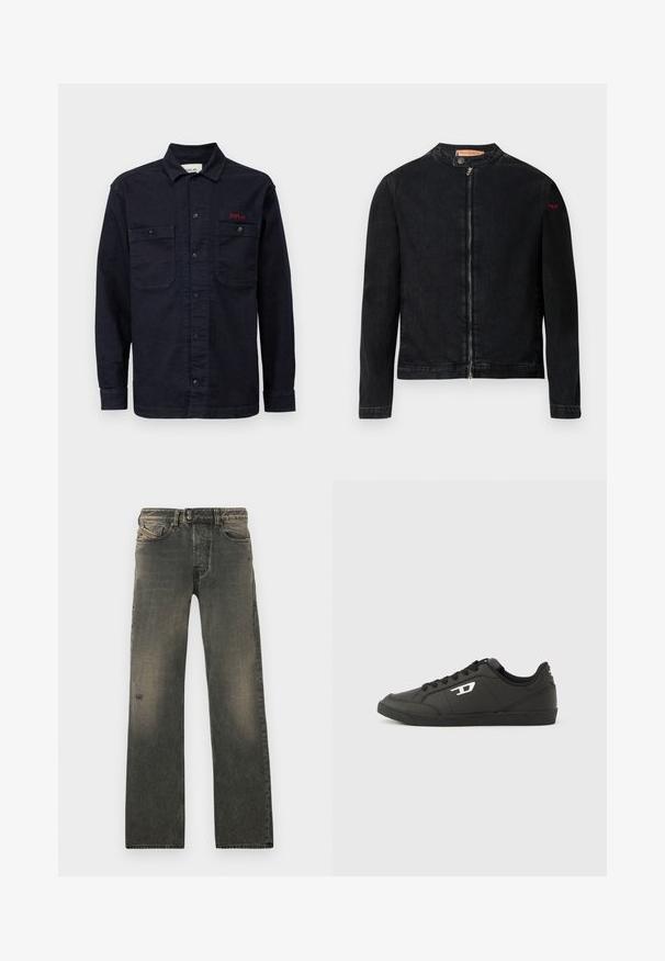Sort denimjakke med rund krave, lynlås foran og et lille rødt logo på venstre ærme. Har en glat tekstur og tætsiddende design.; Mørkeblå denimskjorte med lange ærmer, knaplukning foran, to brystlommer og et lille rødt "REPLAY" logo på den venstre lomme.; Grå denimjeans med afslappet pasform, med knaplukning, diskret falmning og slidte partier nær knæet. Design med fem lommer.; Sorte syntetiske sneakers med en struktureret sort sål, rund tå og flade sorte snørebånd. Fremtrædende hvidt logo på ydersiden.