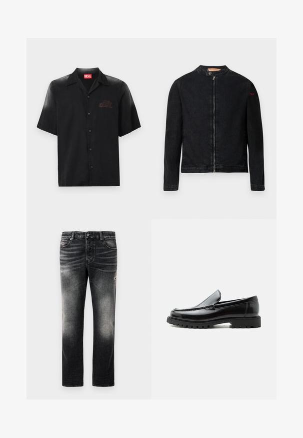 Zwarte denimjas met een ronde kraag, een ritssluiting aan de voorkant en een klein rood logo op de linker mouw. Heeft een gladde textuur en een aansluitend ontwerp.; Zwart shirt met korte mouwen van soepel stof, voorzien van een knoopsluiting aan de voorkant en een subtiele reliëflogo op de linkerborst.; Zwarte jeans met een vervaagde afwerking en versleten accenten, standaard vijf-pocket ontwerp en een ritssluiting. Gemaakt van denimstof.; Zwarte leren loafer met dikke rubberen zool, gestikte bovenkant en gegraveerde merknaam op de hiel, zijaanzicht op witte achtergrond.