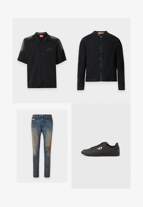 Schwarze Jeansjacke mit rundem Kragen, Reißverschluss vorne und kleinem roten Logo auf dem linken Ärmel. Verfügt über eine glatte Textur und eine taillierte Passform.; Schwarz kurzärmliges Hemd aus glattem Stoff mit durchgehender Knopfleiste, das ein dezentes geprägtes Logo auf der linken Brust trägt.; Blaue Jeans aus Denim mit schmaler Passform, leichter Ausbleichung, abgenutzten Stellen und klassischem Fünf-Taschen-Design inklusive kleinem Logoetikett.; Schwarze Sneakers aus synthetischem Material mit einer strukturierten schwarzen Sohle, rundem Zehenbereich und flachen schwarzen Schnürsenkeln. Auffälliges weißes Logo auf der Außenseite.