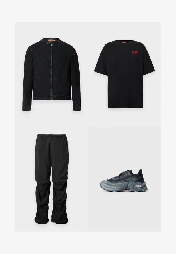 Veste en denim noire avec un col rond, une fermeture éclair frontale et un petit logo rouge sur la manche gauche. Caractérisée par une texture lisse et une coupe ajustée.; T-shirt noir en coton, avec des manches courtes, un col rond, et un logo rouge "DIESEL" sur le côté gauche de la poitrine.; Pantalons utilitaires noirs en tissu léger dotés d'une ceinture élastique, de cordons de serrage ajustables et de poches latérales, offrant une coupe décontractée.; Baskets Diesel noires et grises avec semelle épaisse, système de laçage à bascule et design texturé sur fond gris clair uni.