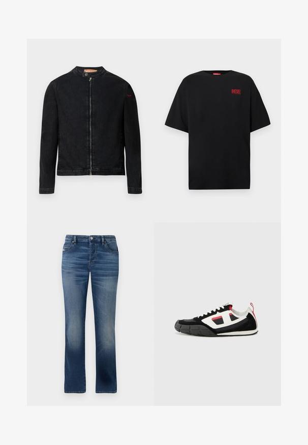 Sort denimjakke med rund krave, lynlås foran og et lille rødt logo på venstre ærme. Har en glat tekstur og tætsiddende design.; Sort T-shirt lavet af bomuld, med korte ærmer, rund halsudskæring og en rød "DIESEL"-logo på venstre brystområde.; Mørkeblå denimbukser med lige ben-design, der har frontlommer, diskret falming og en klassisk knaplukning i taljen.; Diesel S PAGODHA LOW - Sneakers - black