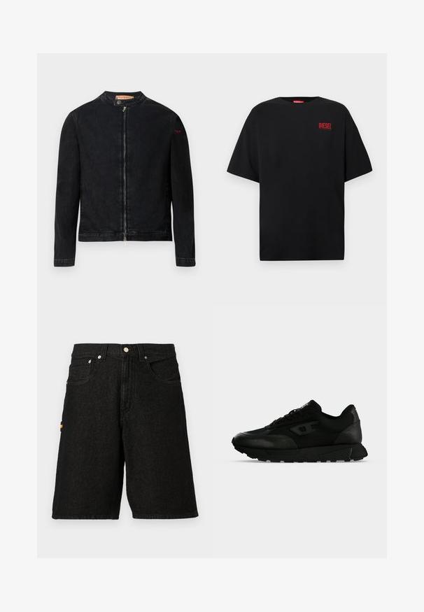 Schwarze Jeansjacke mit rundem Kragen, Reißverschluss vorne und kleinem roten Logo auf dem linken Ärmel. Verfügt über eine glatte Textur und eine taillierte Passform.; Schwarzes T-Shirt aus Baumwolle, mit kurzen Ärmeln, rundem Ausschnitt und einem roten "DIESEL"-Logo auf der linken Brustseite.; Schwarze Denim-Shorts mit einem klassischen Fünf-Taschen-Design, silbernem Metallzubehör und einem dezenten orangen Akzent an der Seitentasche.; Schwarzer Low-Top-Sneaker mit strukturiertem Leder und Stoffpaneelen, Schnürverschluss und dicker Gummisohle auf einfachem hellem Hintergrund.