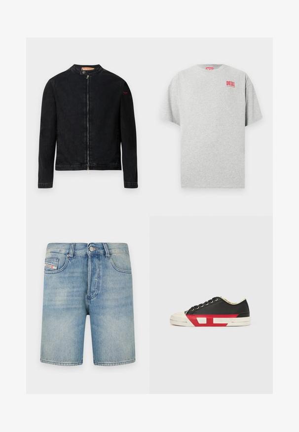 Veste en denim noire avec un col rond, une fermeture éclair frontale et un petit logo rouge sur la manche gauche. Caractérisée par une texture lisse et une coupe ajustée.; T-shirt en coton gris avec un col rond et des manches courtes. Présente un petit logo rouge « DIESEL » sur la poitrine. Texture lisse.; Shorts en denim bleu clair à coupe droite, cinq poches et fermeture à bouton. Couture visible et légère décoloration sur l'ensemble.; Baskets en toile noire avec des accents rouges, un bout en caoutchouc et une semelle blanche. Elles présentent des lacets noirs et un design texturé sur le côté.