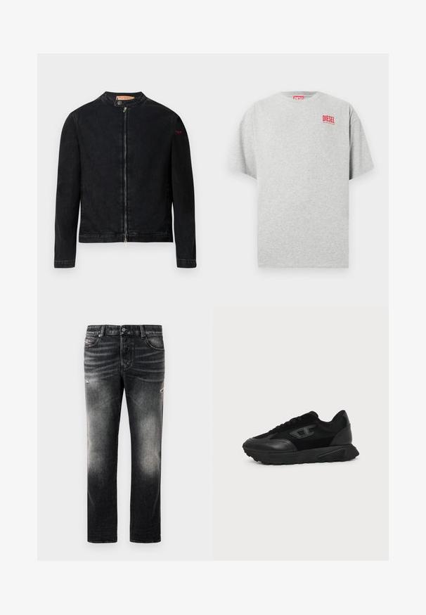 Zwarte denimjas met een ronde kraag, een ritssluiting aan de voorkant en een klein rood logo op de linker mouw. Heeft een gladde textuur en een aansluitend ontwerp.; Grijs katoenen T-shirt met een ronde hals en korte mouwen. Voorzien van een klein rood "DIESEL" logo op de borst. Soepele textuur.; Zwarte jeans met een vervaagde afwerking en versleten accenten, standaard vijf-pocket ontwerp en een ritssluiting. Gemaakt van denimstof.; Zwarte lage sneaker met een gestructureerde zool, mesh en leren bovenwerk, veters aan de voorkant en een klein reliëflogo op het zijpaneel.