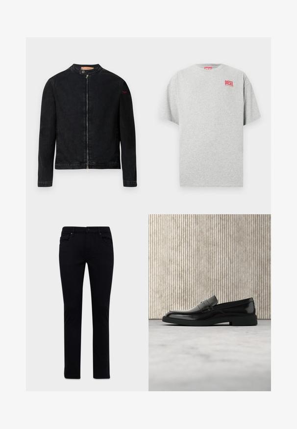 Schwarze Jeansjacke mit rundem Kragen, Reißverschluss vorne und kleinem roten Logo auf dem linken Ärmel. Verfügt über eine glatte Textur und eine taillierte Passform.; Graues Baumwoll-T-Shirt mit rundem Ausschnitt und kurzen Ärmeln. Mit einem kleinen roten "DIESEL"-Logo auf der Brust. Glatte Textur.; Schwarze Slim-Fit-Jeans mit Vorder- und Rückentaschen, Gürtelschlaufen und Knopfverschluss, auf einem weißen Hintergrund präsentiert.; Schwarzer, polierter Lederloafer, der über einem beigen Teppich schwebt, mit orangener, durchscheinender Möbel im Hintergrund.