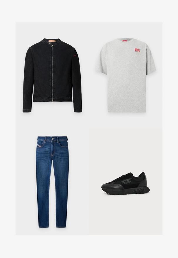 Zwarte denimjas met een ronde kraag, een ritssluiting aan de voorkant en een klein rood logo op de linker mouw. Heeft een gladde textuur en een aansluitend ontwerp.; Grijs katoenen T-shirt met een ronde hals en korte mouwen. Voorzien van een klein rood "DIESEL" logo op de borst. Soepele textuur.; Donkerblauwe spijkerbroeken met rechte pijpen, vijf zakken, zichtbare stikseldetails en een metalen knoopsluiting.; Zwarte lage sneaker met een gestructureerde zool, mesh en leren bovenwerk, veters aan de voorkant en een klein reliëflogo op het zijpaneel.