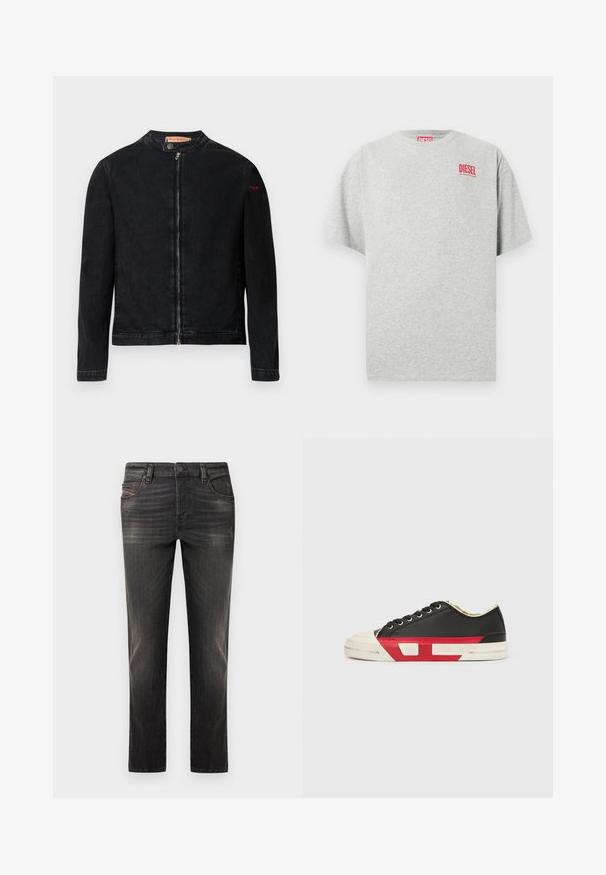 Veste en denim noire avec un col rond, une fermeture éclair frontale et un petit logo rouge sur la manche gauche. Caractérisée par une texture lisse et une coupe ajustée.; T-shirt en coton gris avec un col rond et des manches courtes. Présente un petit logo rouge « DIESEL » sur la poitrine. Texture lisse.; Jean en denim noir avec un effet délavé, coupe droite, style à cinq poches et fermeture par boutons. Présente des coutures discrètes et des accents métalliques.; Baskets en toile noire avec des accents rouges, un bout en caoutchouc et une semelle blanche. Elles présentent des lacets noirs et un design texturé sur le côté.