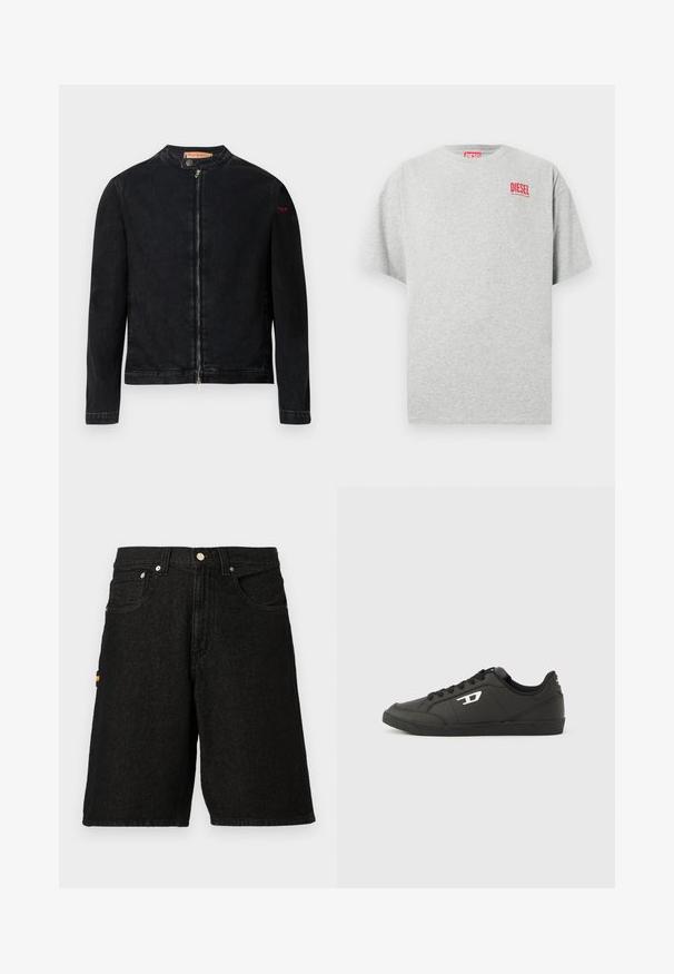 Sort denimjakke med rund krave, lynlås foran og et lille rødt logo på venstre ærme. Har en glat tekstur og tætsiddende design.; Grå bomuld t-shirt med rund hals og korte ærmer. Har et lille rødt "DIESEL" logo på brystet. Glat tekstur.; Sorte denimshorts med et klassisk fem-lomme design, sølvhardware og en diskret orange detalje på sidelommen.; Sorte syntetiske sneakers med en struktureret sort sål, rund tå og flade sorte snørebånd. Fremtrædende hvidt logo på ydersiden.
