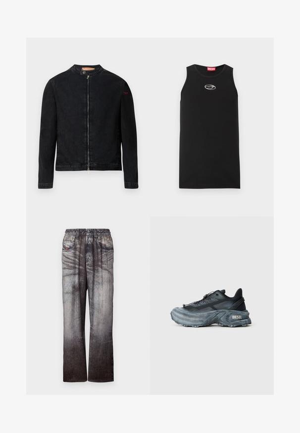 Schwarze Jeansjacke mit rundem Kragen, Reißverschluss vorne und kleinem roten Logo auf dem linken Ärmel. Verfügt über eine glatte Textur und eine taillierte Passform.; Schwarzes ärmelloses Tanktop aus Baumwolle. Verfügt über einen runden Halsausschnitt und ein kleines weißes Diesel-Logo auf der Brust. Glatte Textur.; Jeans mit einem verblassten Blau-zu-Grau-Gradient, elastischem Bund und seitlichen Taschen. Sie besitzen eine strukturierte Oberfläche mit subtilem Nähen.; Schwarz- und graue Diesel-Sneaker mit dicker Sohle, Schnürverschluss und strukturiertem Design auf einem schlichten hellgrauen Hintergrund.