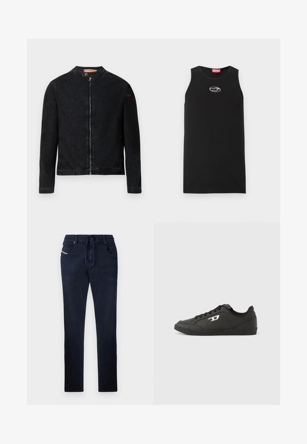 Chaqueta de mezclilla negra con cuello redondo, cierre frontal con cremallera y un pequeño logo rojo en la manga izquierda. Presenta una textura suave y un diseño ajustado.; Camiseta sin mangas negra hecha de algodón. Presenta un escote redondo y un pequeño logo blanco de Diesel en el pecho. Textura suave.; Pantalones azul marino con cintura ajustable, corte recto, dos bolsillos frontales y un sutil detalle de logo en el bolsillo izquierdo. Textura suave.; Zapatillas deportivas negras sintéticas con suela negra texturizada, puntera redonda y cordones planos negros. Destaca un logo blanco en el lateral exterior.
