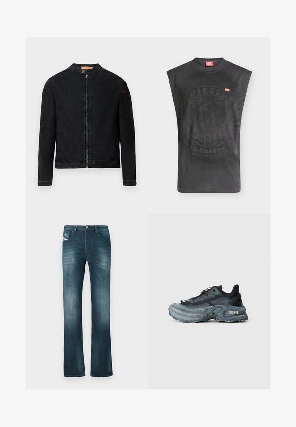 Veste en denim noire avec un col rond, une fermeture éclair frontale et un petit logo rouge sur la manche gauche. Caractérisée par une texture lisse et une coupe ajustée.; T-shirt noir sans manches Diesel avec un graphisme subtil d'aigle et un petit patch logo Diesel rouge sur la poitrine.; Jeans en denim bleu foncé avec une légère décoloration, coupe droite, deux poches avant et une petite étiquette de marque sur la poche droite.; Baskets Diesel noires et grises avec semelle épaisse, système de laçage à bascule et design texturé sur fond gris clair uni.