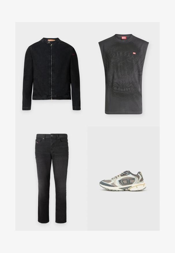 Schwarze Jeansjacke mit rundem Kragen, Reißverschluss vorne und kleinem roten Logo auf dem linken Ärmel. Verfügt über eine glatte Textur und eine taillierte Passform.; Ärmelloses schwarzes Diesel-T-Shirt mit dezentem Adlermotiv und kleinem roten Diesel-Logo-Patch auf der Brust.; Schwarze Denim-Jeans mit geradem Bein, ausgestattet mit fünf Taschen, einem Knopfverschluss und subtilen Nähdetails auf der Vorderseite.; Sportschuhe in Grau, Weiß und Beige mit Mesh-Obermaterial, dicker Sohle und strukturierten Akzenten. Reflektierende Details an den Seiten.