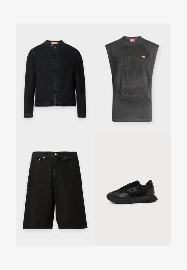 Zwarte denimjas met een ronde kraag, een ritssluiting aan de voorkant en een klein rood logo op de linker mouw. Heeft een gladde textuur en een aansluitend ontwerp.; Mouwloos zwart Diesel T-shirt met subtiele adelaarafbeelding en klein rood Diesel logo op de borst.; Zwarte denim shorts met een klassieke vijf-pocket ontwerp, zilveren hardware en een subtiele oranje accent op de zijzak.; Zwarte lage sneaker met een gestructureerde zool, mesh en leren bovenwerk, veters aan de voorkant en een klein reliëflogo op het zijpaneel.