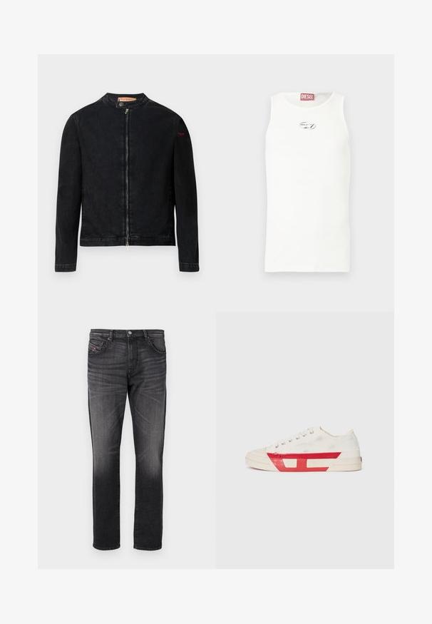 Veste en denim noire avec un col rond, une fermeture éclair frontale et un petit logo rouge sur la manche gauche. Caractérisée par une texture lisse et une coupe ajustée.; Débardeur blanc sans manches en tissu lisse, avec un petit logo argenté sur la poitrine et une étiquette rouge au niveau de l'encolure.; Jean en denim noir avec une coupe droite, cinq poches, un léger délavage et une petite étiquette en tissu rouge sur la poche avant.; Baskets en toile avec un dessus blanc, des accents en caoutchouc rouge et un design texturé. Elles présentent une tête arrondie et cinq œillets pour les lacets.