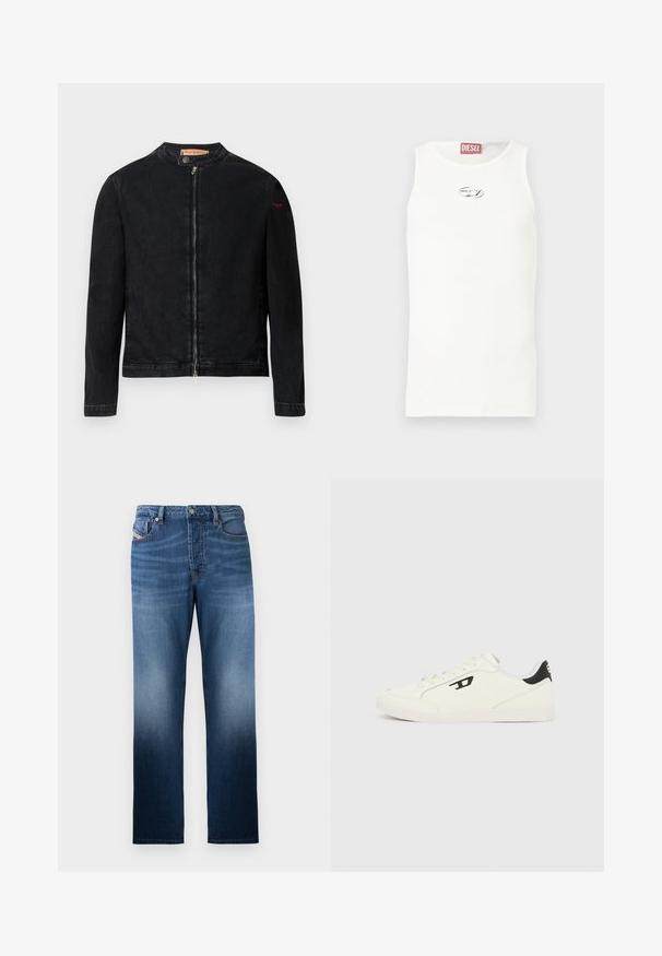 Schwarze Jeansjacke mit rundem Kragen, Reißverschluss vorne und kleinem roten Logo auf dem linken Ärmel. Verfügt über eine glatte Textur und eine taillierte Passform.; Weißes ärmelloses Tanktop aus glattem Stoff, mit kleinem silbernem Logo auf der Brust und einem roten Etikett am Halsausschnitt.; Dunkelblaue Jeans aus Denim mit geradem Bein und einem ausgewaschenen Effekt. Enthält einen Frontknopfverschluss und Taschen.; Weiße Sneaker mit strukturiertem Obermaterial, schwarzen Akzenten an der Ferse und einem Logo an der Seite. Schnürdesign und Gummisohle.